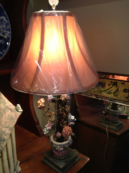 Silk lampshade on porcelain tole lamp